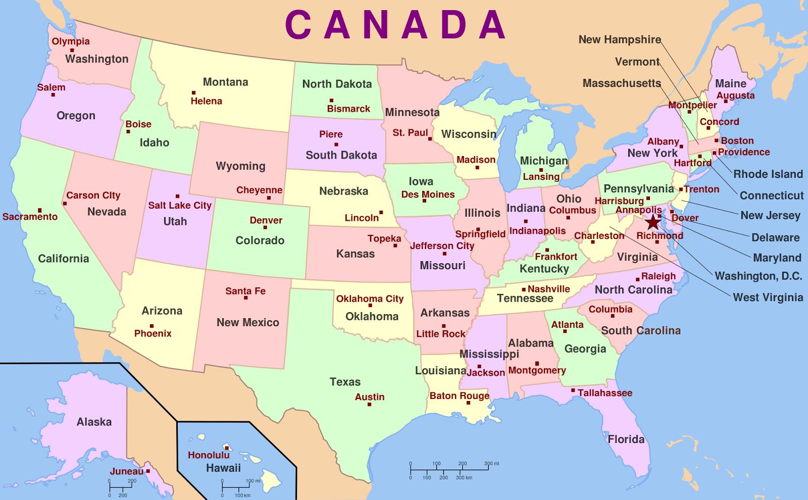 Kaart Van De Vs Staten En Hoofdsteden Amerikaanse Staten