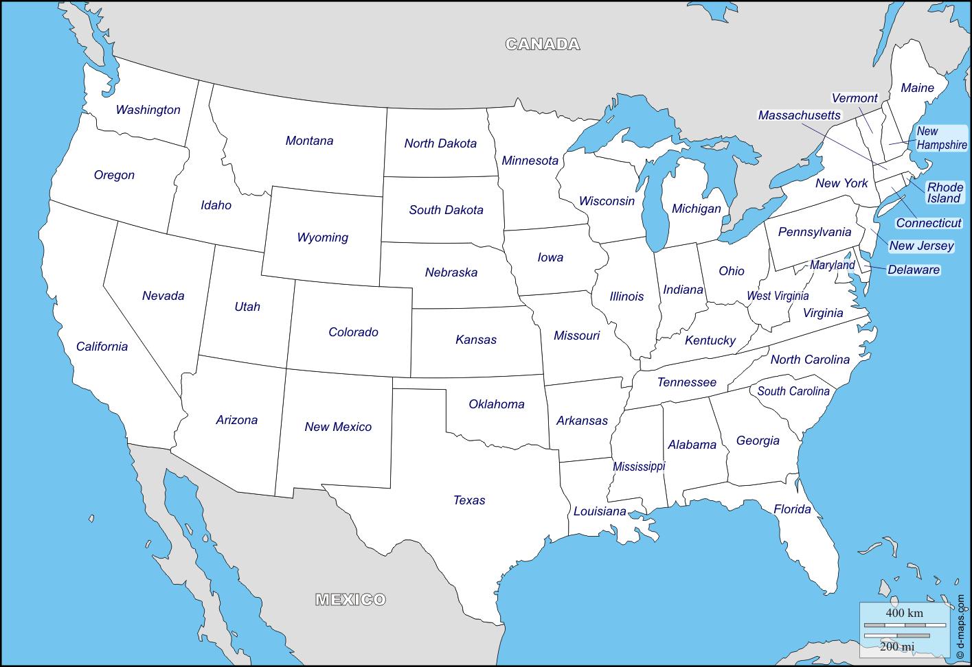 Staten van de USA kaart Blanco kaart staten (Noord-Amerika - Amerika)