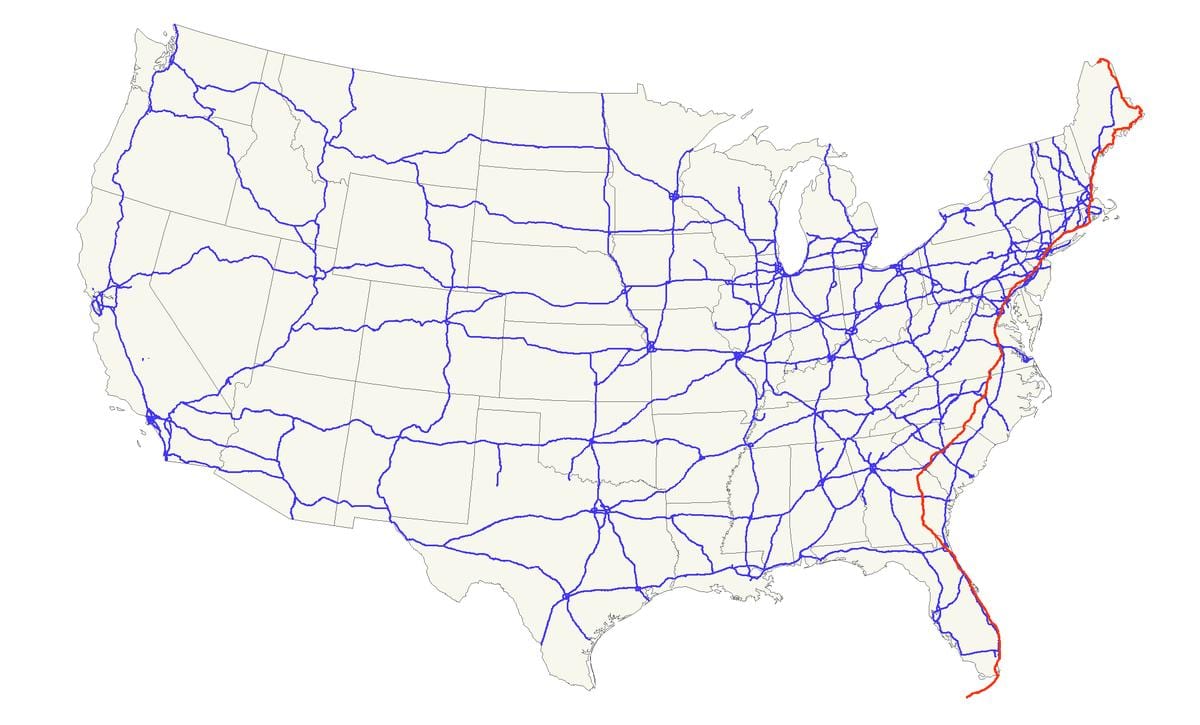 kaart van de US route 1