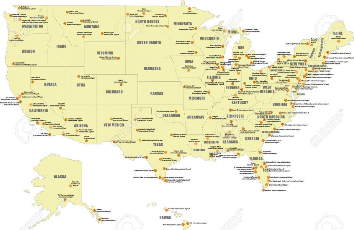 kaart van de belangrijkste luchthavens in de VS