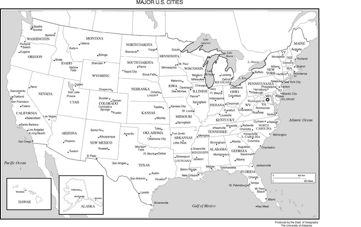 De kaart USA met grote steden